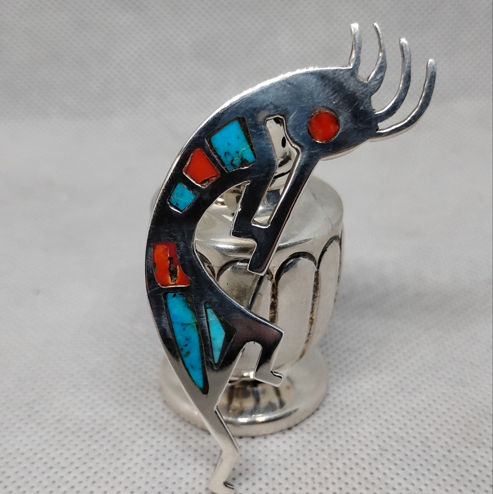 Sterling Silver Turquoise And Coral Inlay Kokopelli Pendant